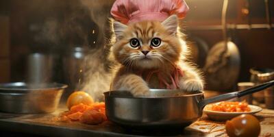marrant chat prépare nourriture dans le cuisine. génératif ai photo