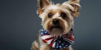 mignonne chien habillé dans nous nationale couleurs. juillet 4e est indépendance journée de le uni États de Amérique. génératif ai photo