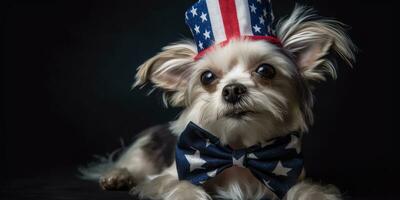 mignonne chien habillé dans nous nationale couleurs. juillet 4e est indépendance journée de le uni États de Amérique. génératif ai photo