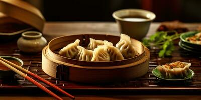 délicieux plat chinois frit Dumplings dans une chinois restaurant. génératif ai photo