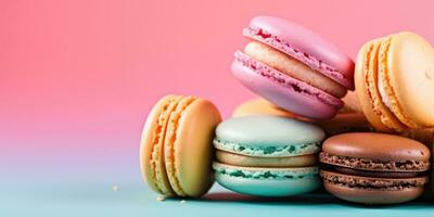 macaron sur une pastel Contexte. bannière. endroit pour texte. génératif ai photo