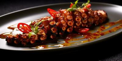 exquis grillé poulpe tentacules. poulpe dans le restaurant fermer de le plat. génératif ai photo