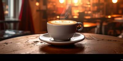 une tasse de parfumé cappuccino sur le table fermer. génératif ai photo