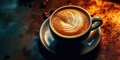 une tasse de parfumé cappuccino sur le table fermer. génératif ai photo