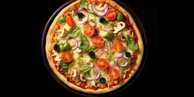 savoureux italien Pizza fermer. vue de au-dessus de. endroit pour texte. génératif ai photo