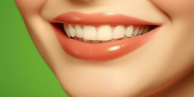 magnifique sourire sur une brillant arrière-plan, le thème de dentaire traitement et dentisterie. génératif ai photo