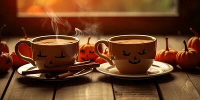 photo de parfumé café sur une table avec citrouilles et décorations pour le vacances de Halloween. génératif ai