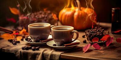 photo de parfumé café sur une table avec citrouilles et décorations pour le vacances de Halloween. génératif ai