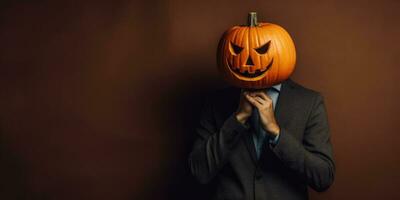 Halloween citrouille sur une homme diriger. foncé Contexte. Halloween thème. génératif ai photo