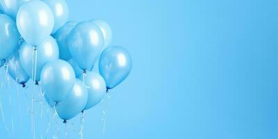 bleu des ballons sur une bleu arrière-plan, avec endroit pour texte. le bannière est bleu. génératif ai photo