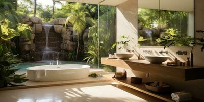 moderne salle de bains avec paume et tropical vues. génératif ai photo