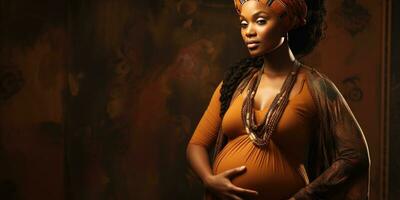 Enceinte magnifique africain femme. génératif ai photo