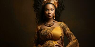 Enceinte magnifique africain femme. génératif ai photo