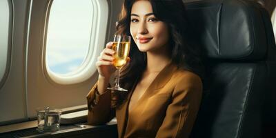 magnifique asiatique fille sur le avion avec une verre de Champagne. génératif ai photo