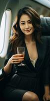 magnifique asiatique fille sur le avion avec une verre de Champagne. génératif ai photo