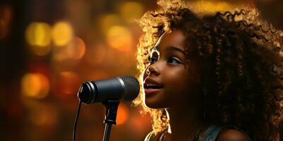 africain peu enfant chante dans une microphone. génératif ai photo