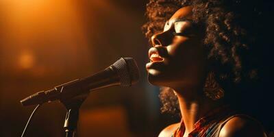 Jeune africain femme chante dans karaoké. génératif ai photo