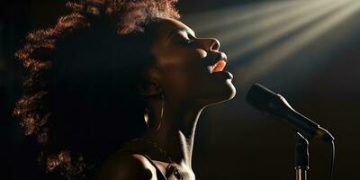 Jeune africain femme chante dans karaoké. génératif ai photo