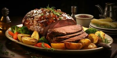 l'Angleterre nationale plat, rôti bœuf. plat fermer. Viande. génératif ai photo