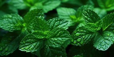 Frais menthe fermer. rosée gouttes sur feuilles. végétarien thème. génératif ai photo