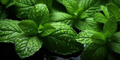 Frais menthe fermer. rosée gouttes sur feuilles. végétarien thème. génératif ai photo