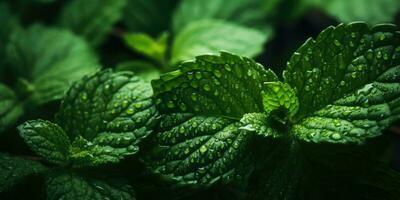 Frais menthe fermer. rosée gouttes sur feuilles. végétarien thème. génératif ai photo