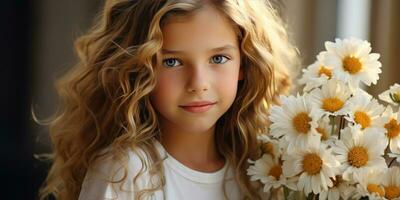 mignonne fille avec marguerites. portrait de une fille. génératif ai photo