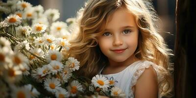 mignonne fille avec marguerites. portrait de une fille. génératif ai photo