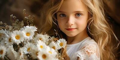 mignonne fille avec marguerites. portrait de une fille. génératif ai photo