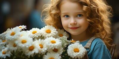 mignonne fille avec marguerites. portrait de une fille. génératif ai photo