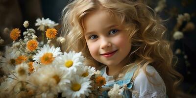 mignonne fille avec marguerites. portrait de une fille. génératif ai photo