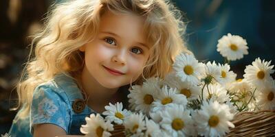 mignonne fille avec marguerites. portrait de une fille. génératif ai photo