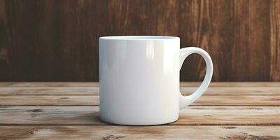 maquette de une blanc tasse pour thé ou café, sur une en bois tableau. génératif ai photo