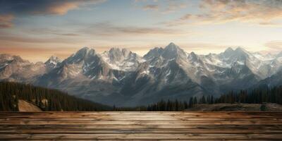 en bois Contexte pour publicité. montagnes dans le Contexte. génératif ai photo