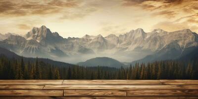 en bois Contexte pour publicité. montagnes dans le Contexte. génératif ai photo