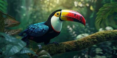 brillant coloré image de une toucan dans le jungle. exotique des oiseaux. génératif ai photo