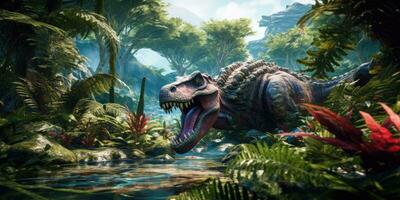 fantaisie image de une tricéraptor dans le jungle. dinosaure. génératif ai photo