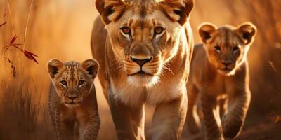 lionne et Lion petits sont en mouvement le long de le savane route. sauvage vie. génératif ai photo