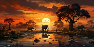 illustration de le coucher du soleil savane, éléphants le Contexte de les plantes faune. génératif ai photo