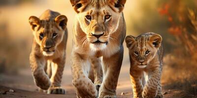 lionne et Lion petits sont en mouvement le long de le savane route. sauvage vie. génératif ai photo