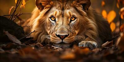 portrait de magnifique lion, Lion dans sombre. génératif ai photo