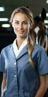 femme vétérinaire des stands dans le écurie, suivant à le cheval. génératif ai photo