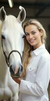 femme vétérinaire des stands dans le écurie, suivant à le cheval. génératif ai photo