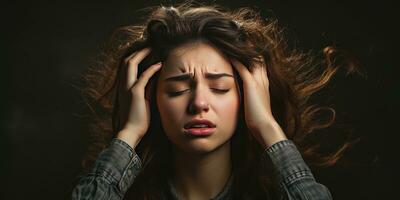 fille souffre de mal de tête, stress dû à douleur et migraine. mains sur le diriger. génératif ai photo