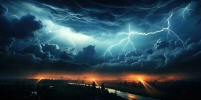 nuit orage plus de le lac, foudre avec spectaculaire des nuages. génératif ai photo