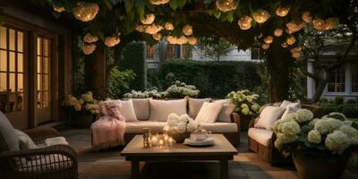 Nouveau jardin Extérieur guirlande dans fleurs fermer à nuit, génératif ai photo