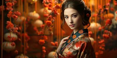 magnifique Jeune femme dans kimono sur une floral Contexte. génératif ai photo