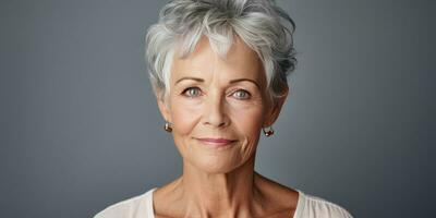 aux cheveux gris cheveux courts femme fermer, portrait. bannière. génératif ai photo