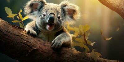 mignonne koala sur une arbre fermer. génératif ai photo