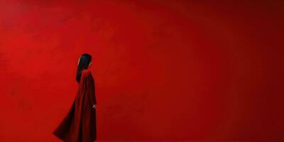 silhouette de une fille sur rouge arrière-plan, minimalisme. endroit pour texte. génératif ai photo